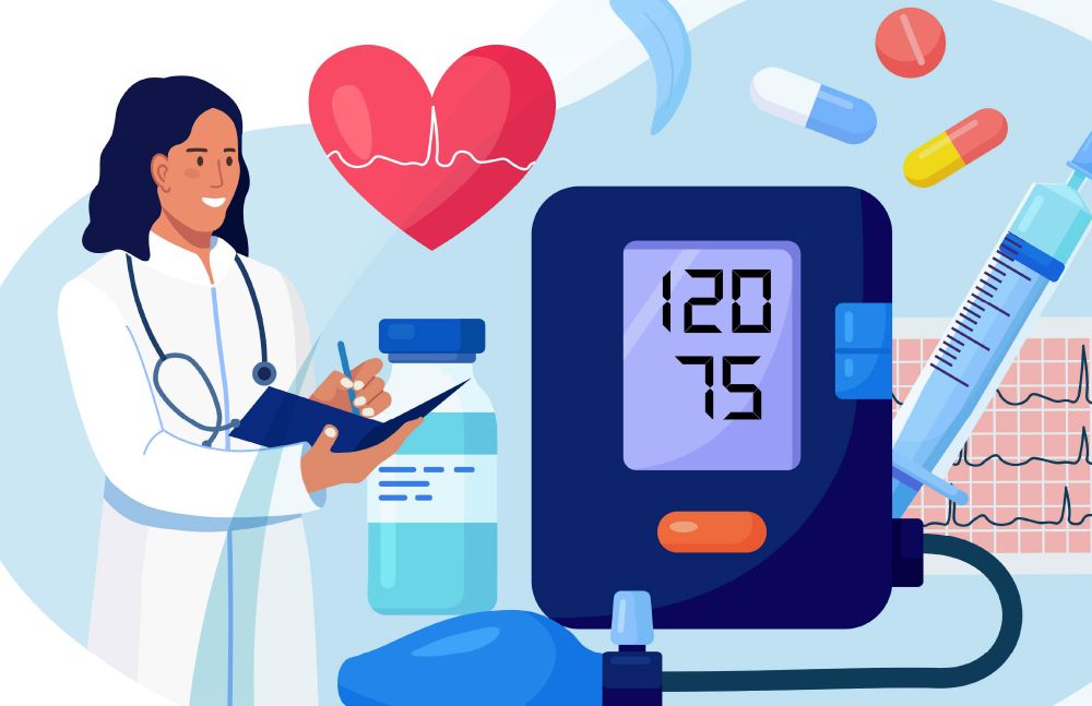 Illustration Blutdruckmessung mit Ärztin