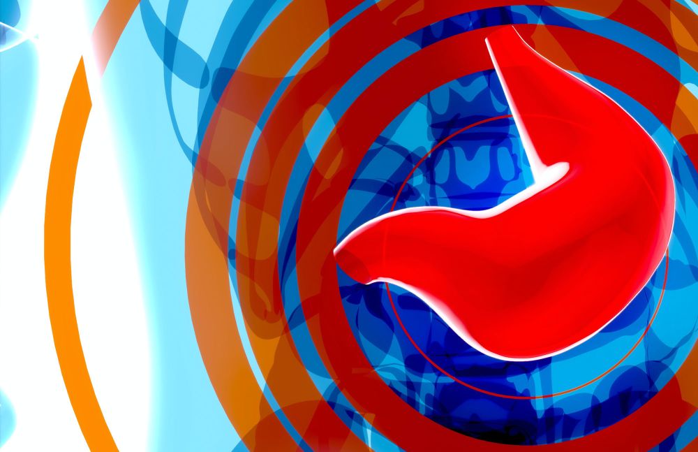 Illustration eines Magens mit bunten Kreisen und Strahlen