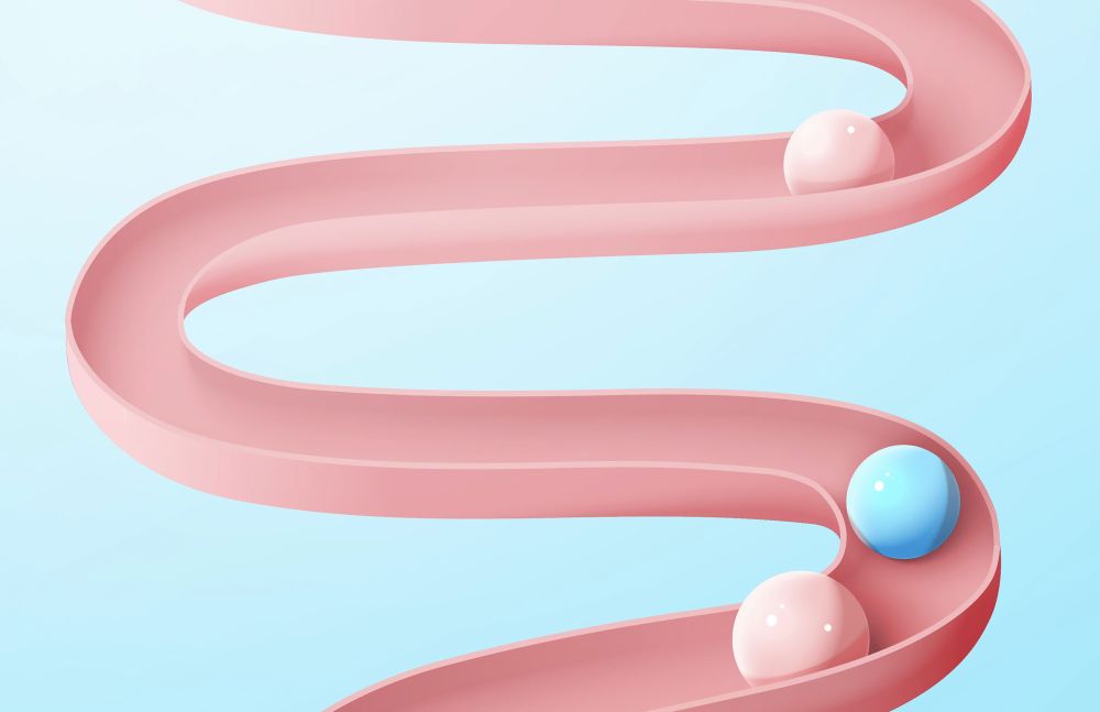 Grafische Illustration: Kugeln rollen durch ein stilisiertes Darmmodell