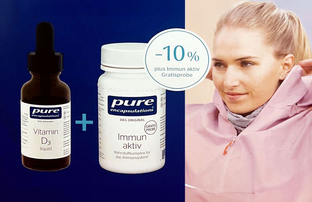 Produktabbildung von Pure Vitamin D3 und Immun aktiv mit Frau im Hintergrund