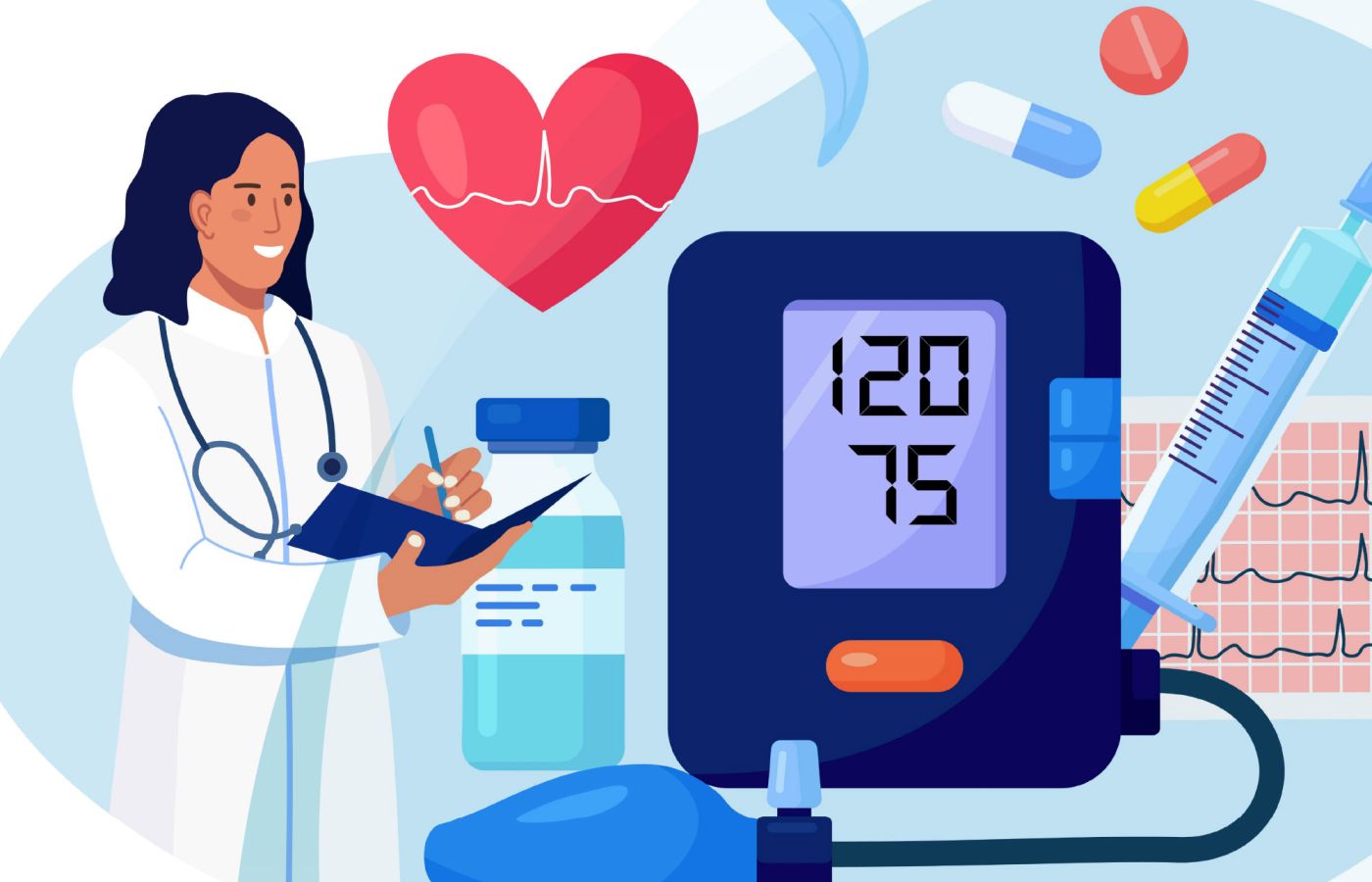 Illustration Blutdruckmessung mit Ärztin
