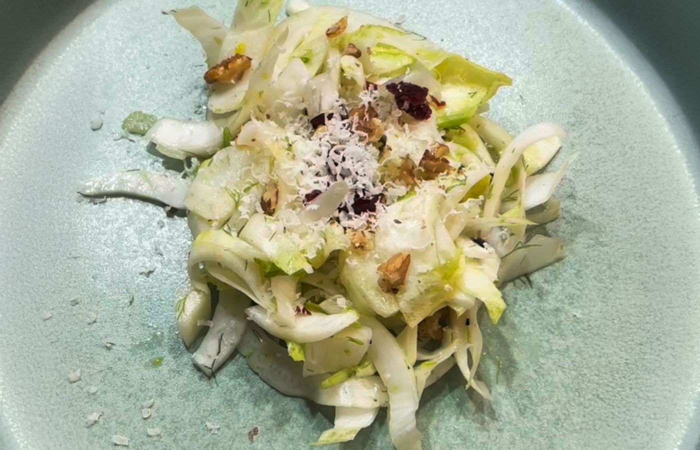 Teller mit Fenchelsalat, Nüssen und geriebenem Käse, von oben aufgenommen.