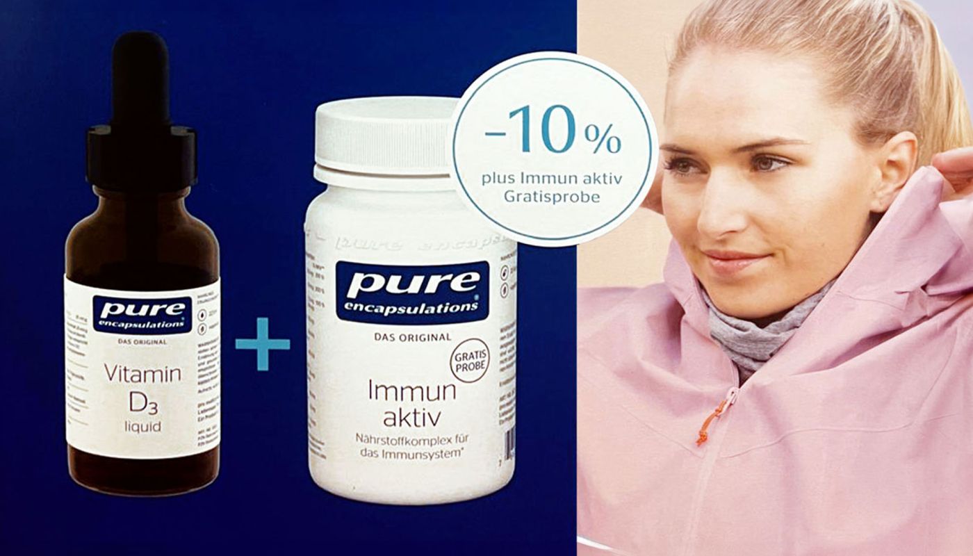 Produktabbildung von Pure Vitamin D3 und Immun aktiv mit Frau im Hintergrund