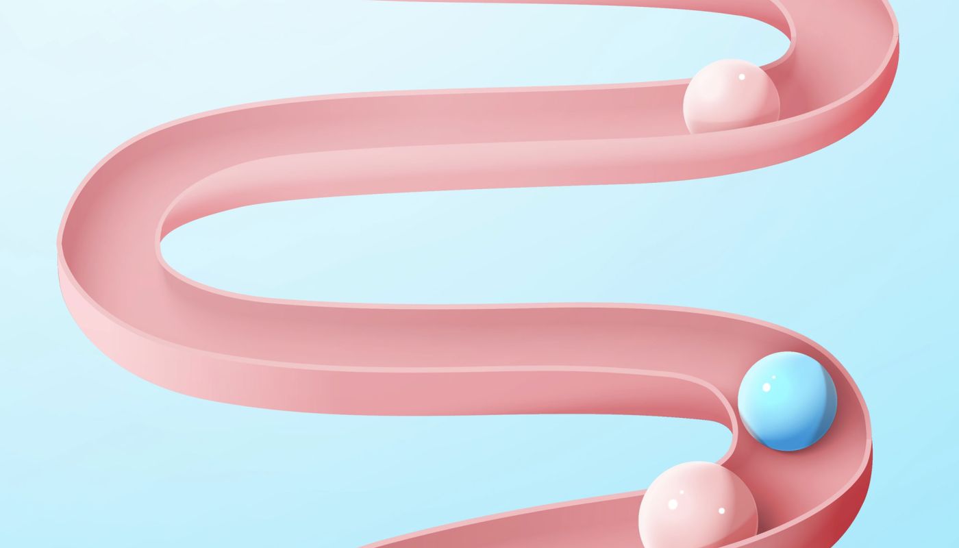 Grafische Illustration: Kugeln rollen durch ein stilisiertes Darmmodell