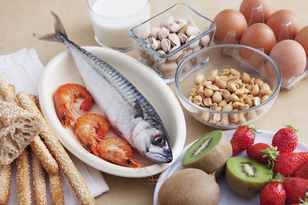 Lebensmittel wie Fisch, Nüsse und Eier auf Teller angerichtet