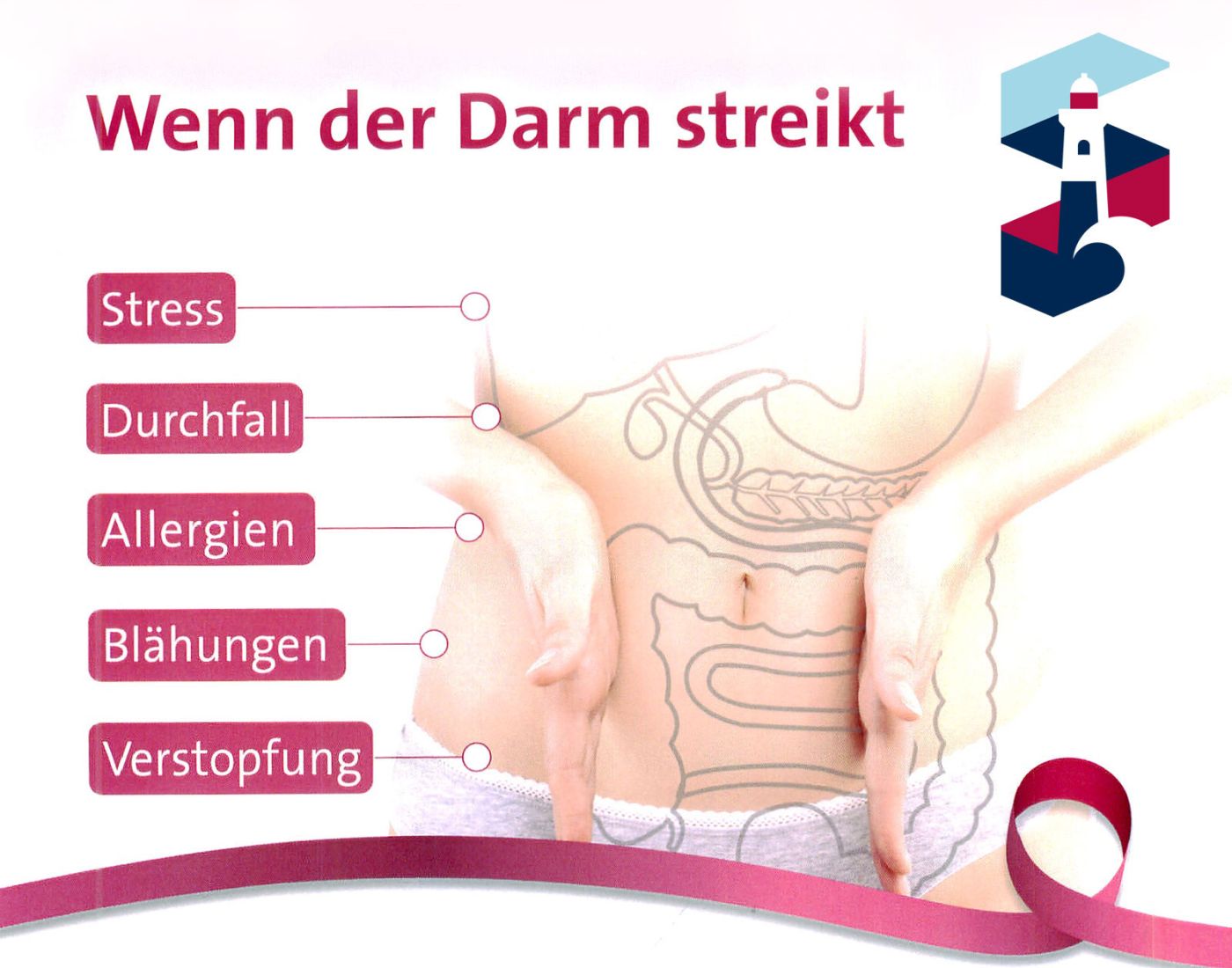 Grafische Darstellung von Darmbeschwerden mit Beschriftungen wie Stress und Blähungen
