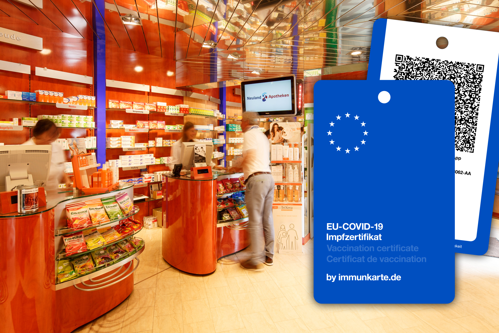 Apotheke mit EU-Covid-Immun­karte als Beispiel im Vordergrund