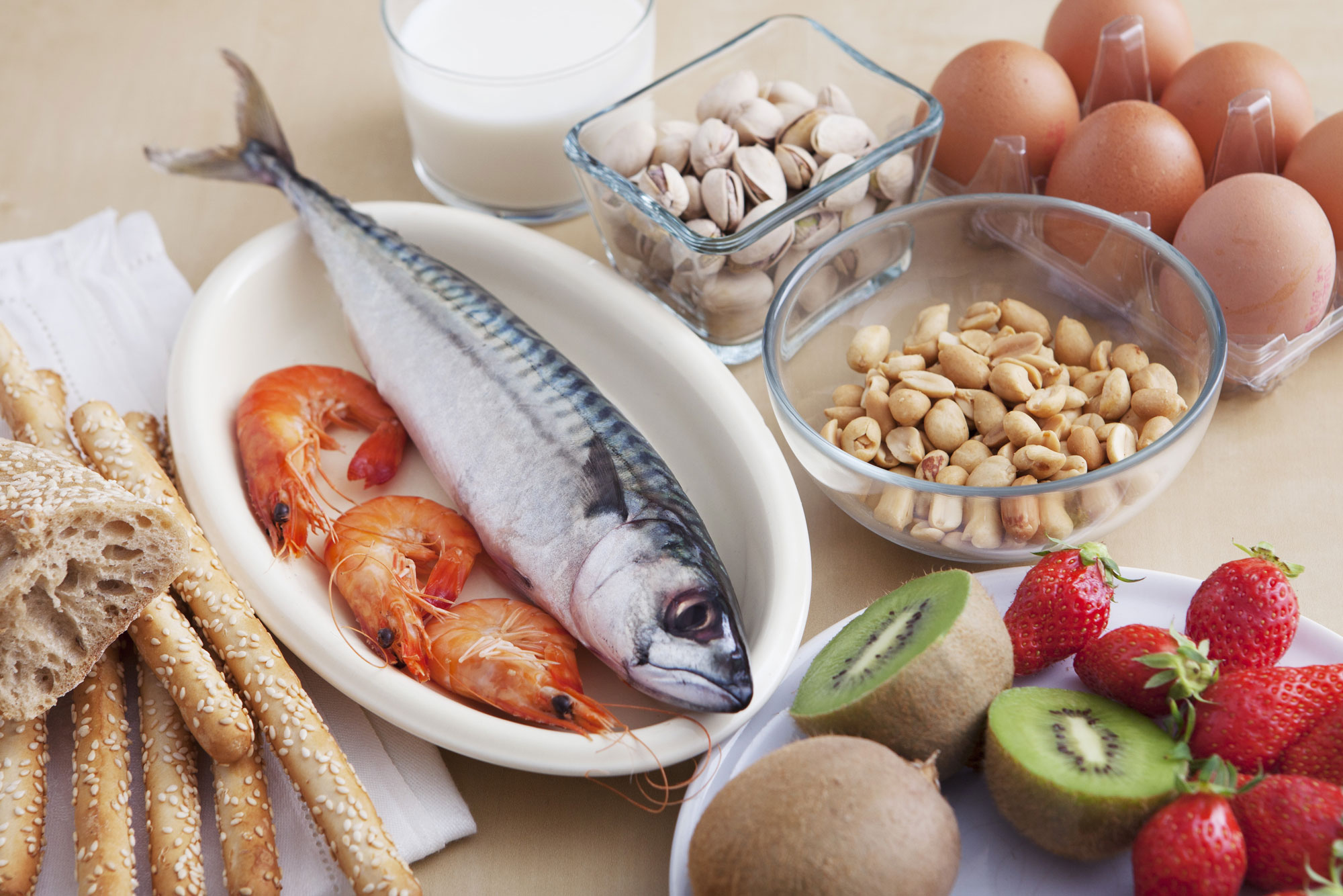 Lebensmittel wie Fisch, Nüsse und Eier auf Teller angerichtet