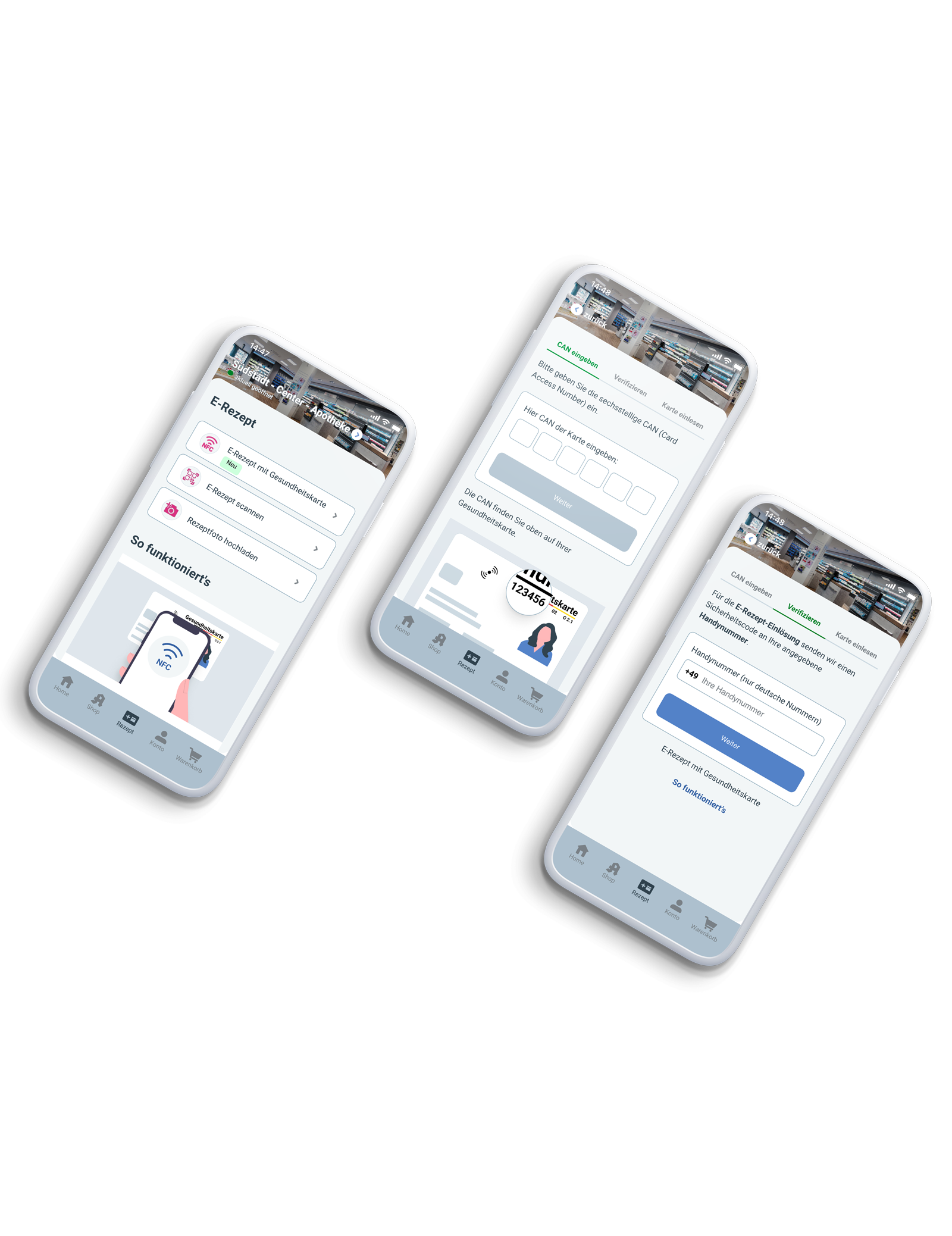 Drei Smartphones mit der E-Rezept-App der Neuland Apotheken, inklusive NFC-Code-Scan für digitale Rezepte.